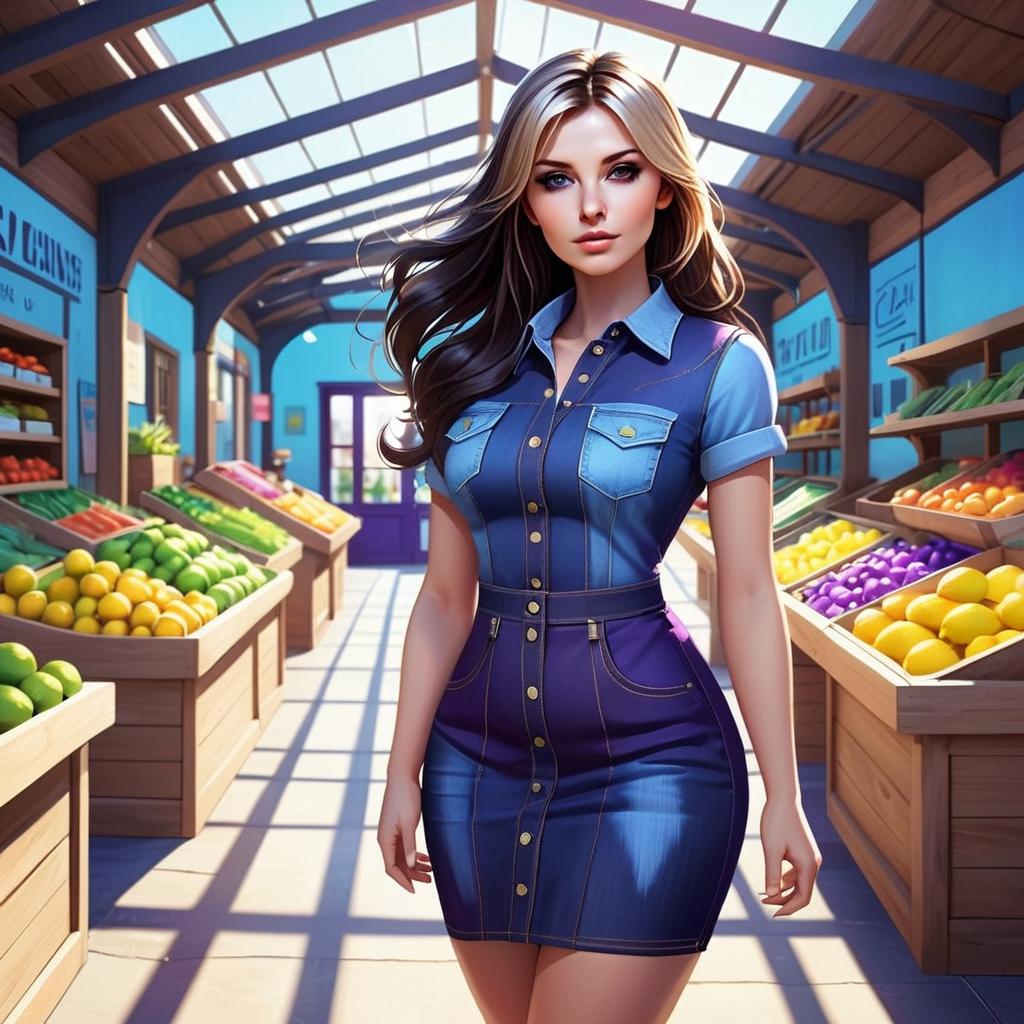 Stylish Woman in Denim Dress at Vibrant Market Stylish Woman in Denim Dress at Vibrant Market