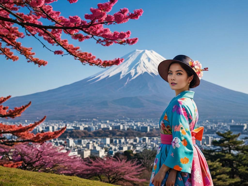 Woman in Traditional Japanese Gala Attire with Mount Fuji and Cherry Blossoms