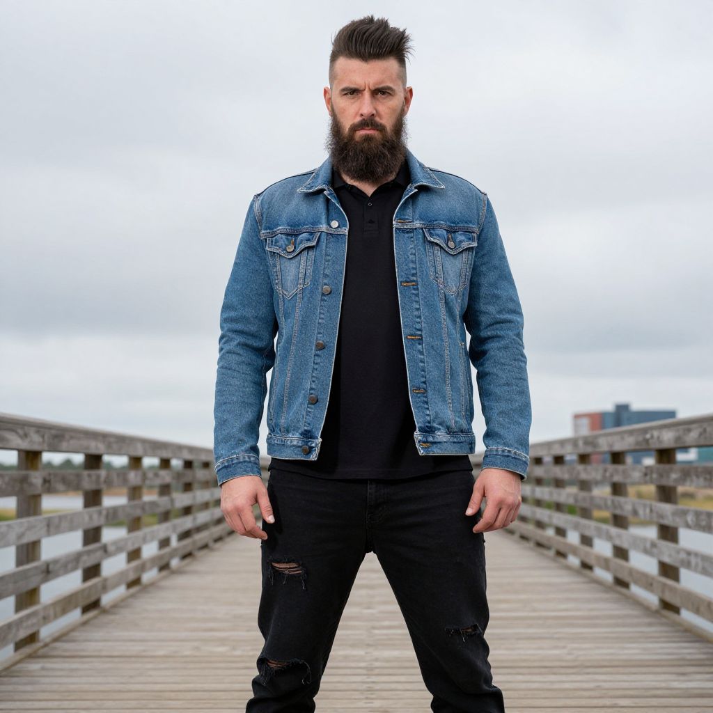 Bearded Man in Denim Jacket Standing on Wooden Boardwalk
