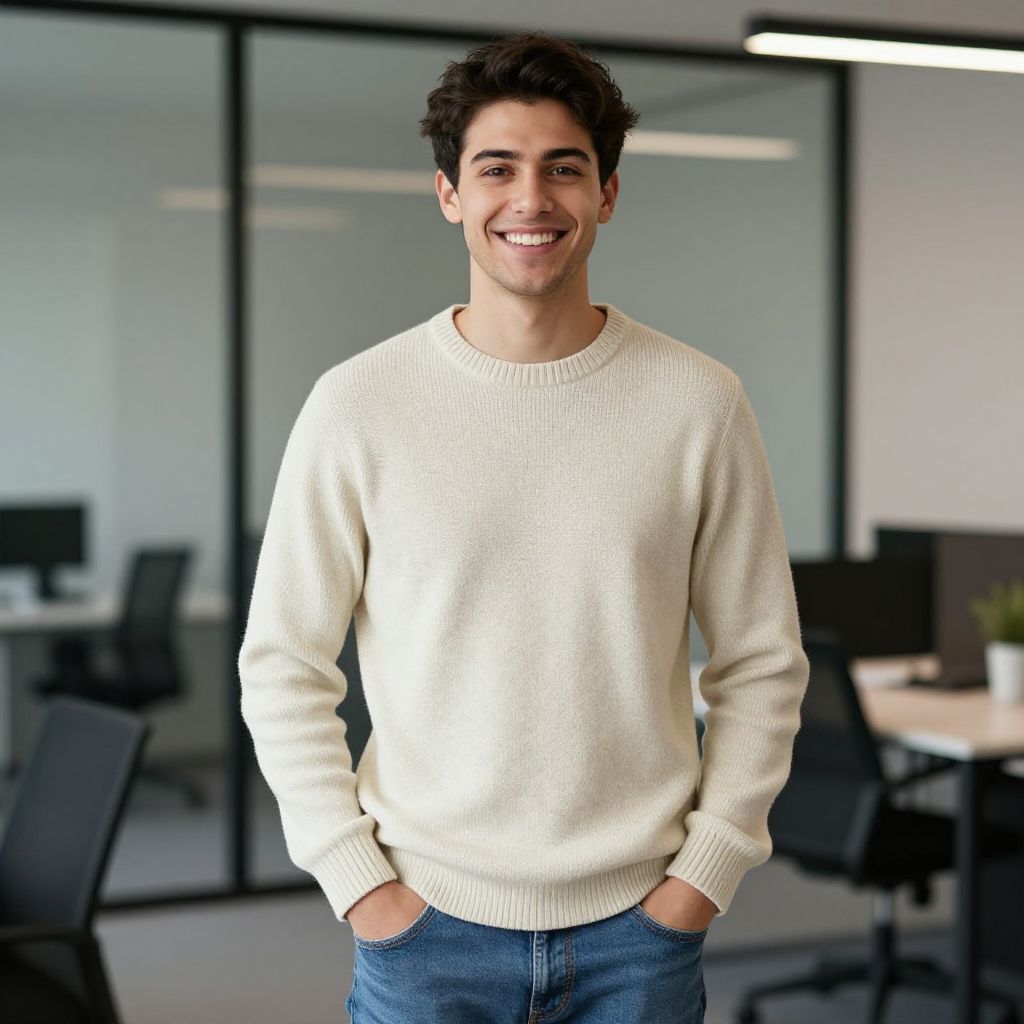 Confident Young Man in Casual Sweater Standing in Modern Office
