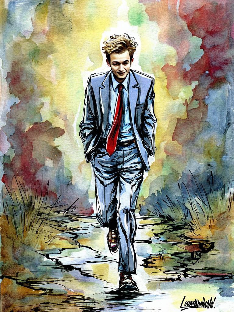 Stylish Man on Wet Path with Abstract Watercolor Background Stylish Man on Wet Path with Abstract Watercolor Background
