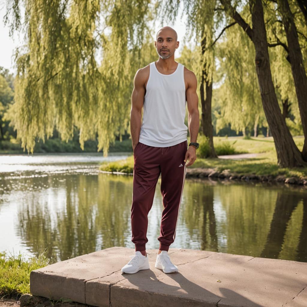 Confident Man by Calm Lake in Athletic Wear