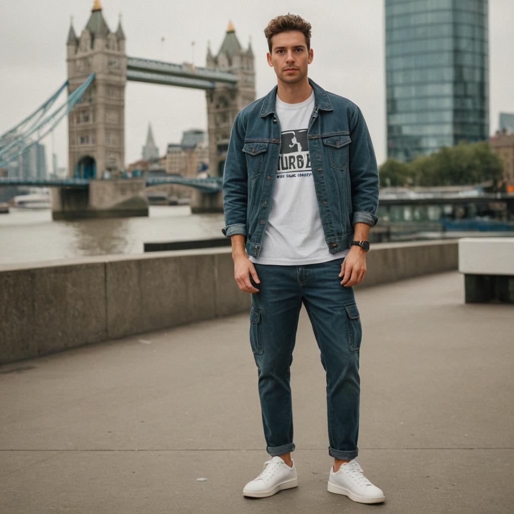 Man in Denim Jacket at Tower Bridge, London