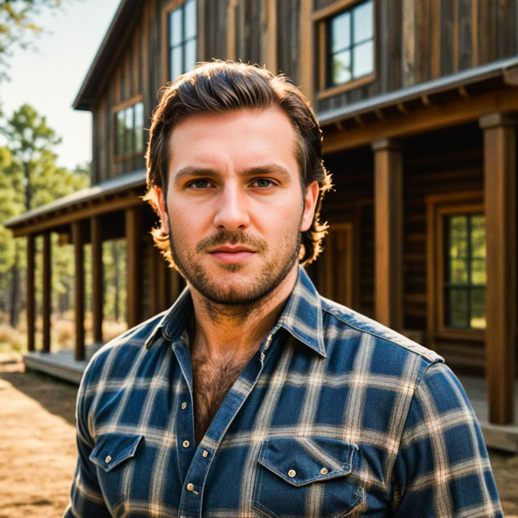 Confident Man in Rustic Cabin