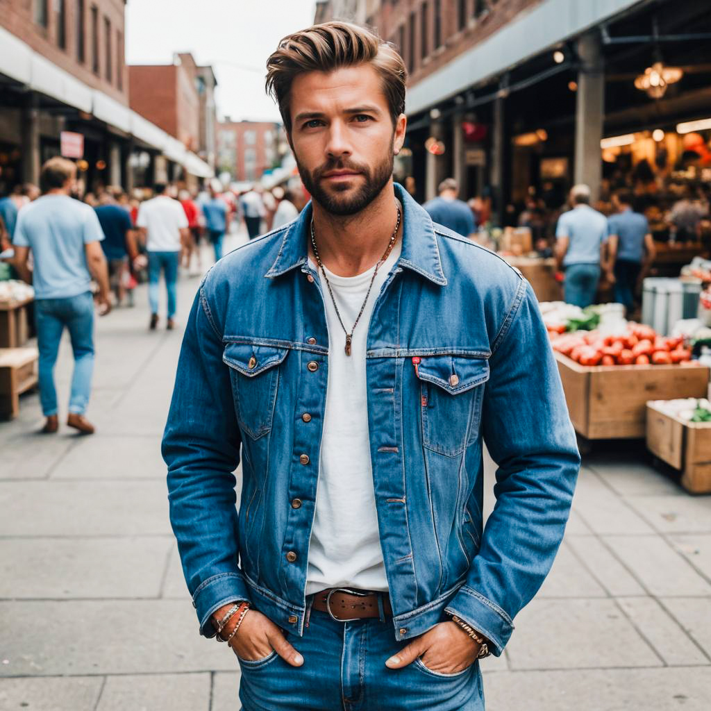 Confident Man in Denim Jacket at Bustling Urban Market