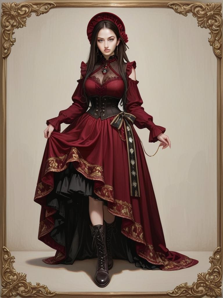 Victorian Style Woman in Elegant Burgundy Corset Dress with Gold Embroidery