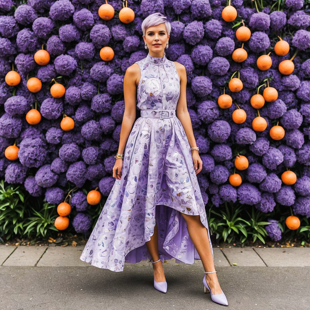 Fashionable Woman in Lavender Dress with Flowers