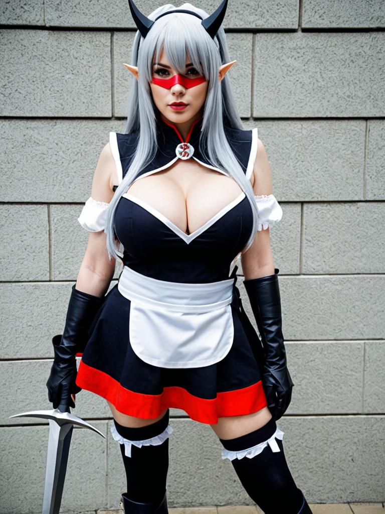 Alra Queens Blade Cosplay Woman in Fantasy Maid Outfit with Sword