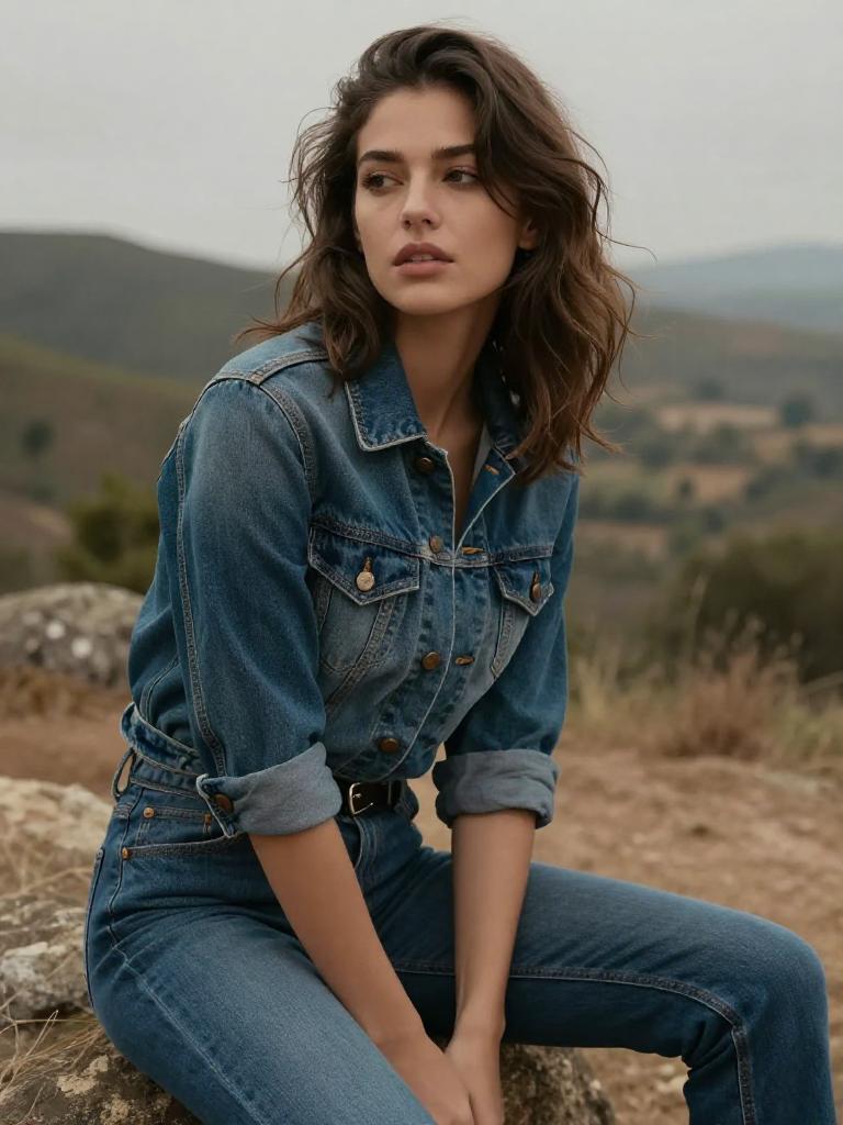 Gen Z Woman in Denim Outfit Sitting Outdoors in Nature