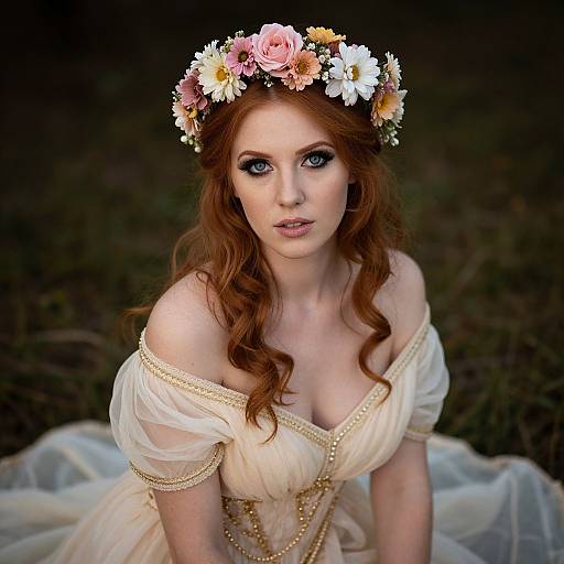 Elegant Red-Haired Woman in Floral Crown and Cream Dress Outdoors