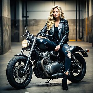 Confident Woman on Motorcycle in Urban Setting