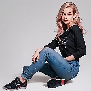 Stylish woman with pink hair in graphic shirt and jeans