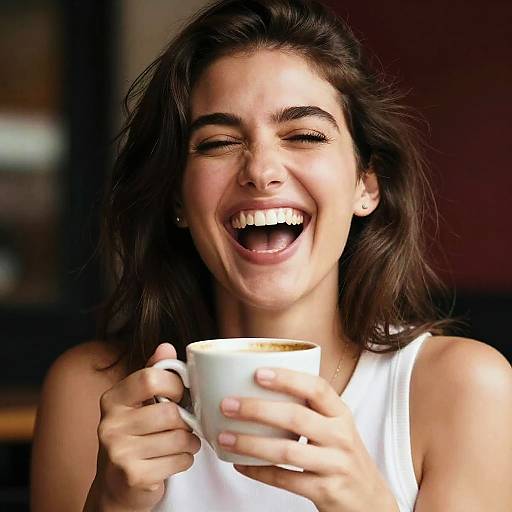Joyful Young Woman Laughing with Coffee Cup