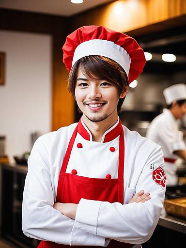 Young Male Chef in Red and White Uniform in Professional Kitchen