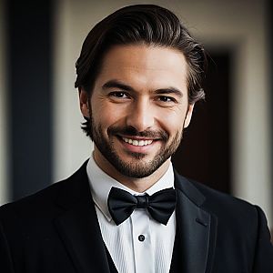 Handsome man in tuxedo with warm smile