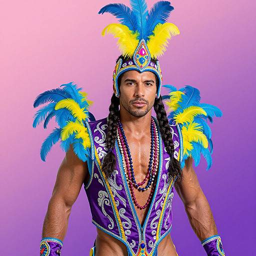 Carnival Man in Colorful Feathered Costume