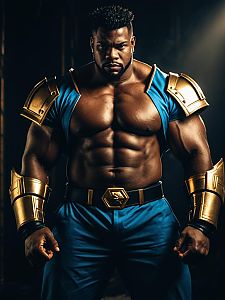 Muscular Man in Realistic Abobo Cosplay Costume with Gold Armor