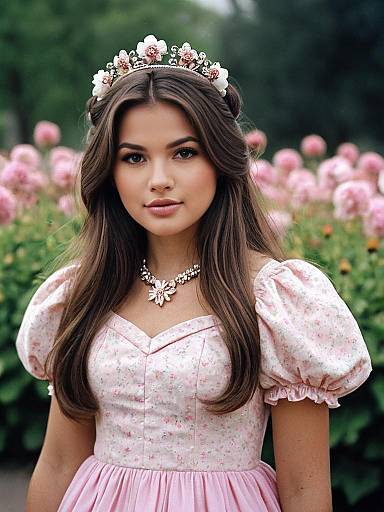 Young Woman in Puff Sleeve Princess Dress with Floral Tiara