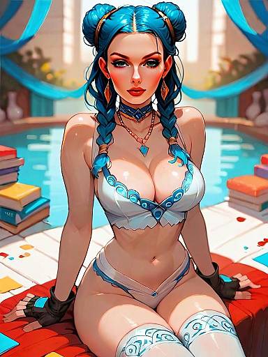 Anime Style Woman with Blue Braided Hair Sitting by Pool in Fantasy Attire