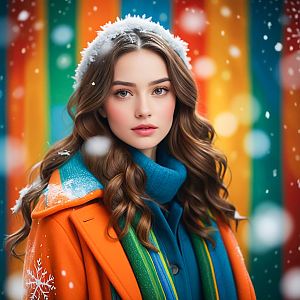 Young Woman in Orange Coat Against Colorful Background with Snow