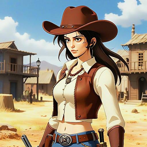 Anime Style Cowgirl in Western Town Digital Illustration