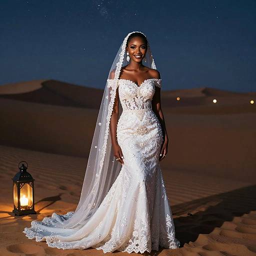Elegant Woman in Embroidered Wedding Dress with Veil in Desert Night