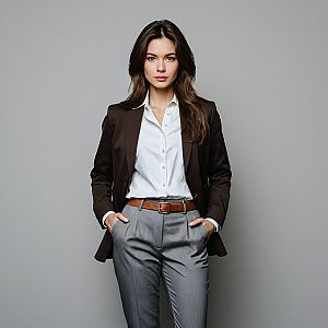 Confident Woman in Brown Blazer and Gray Trousers