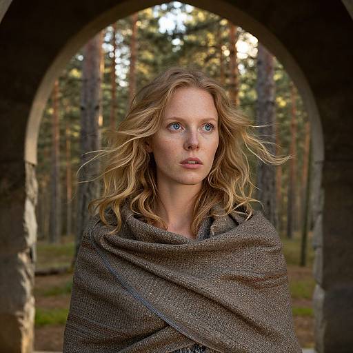 Contemplative Woman Wrapped in Shawl Under Stone Archway in Pine Forest