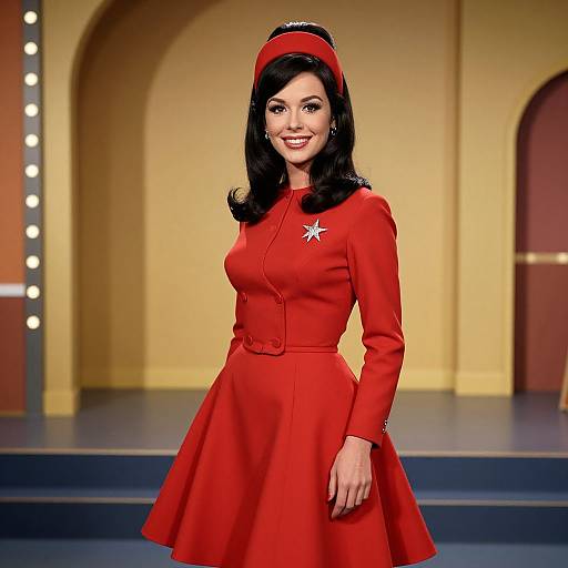 Woman in Red Vintage 1960s Dress with Retro Backdrop