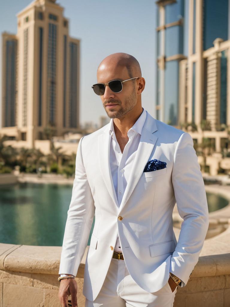 Man in White Suit and Sunglasses in Urban Setting