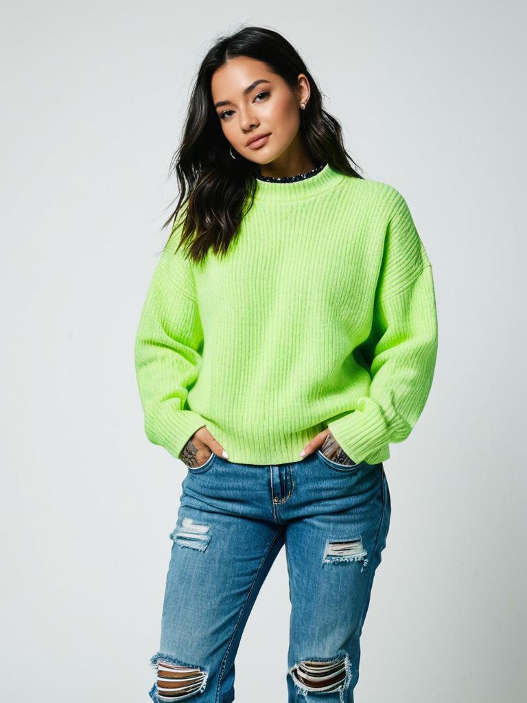 Woman in Neon Green Crewneck Sweater and Ripped Jeans Casual Streetwear