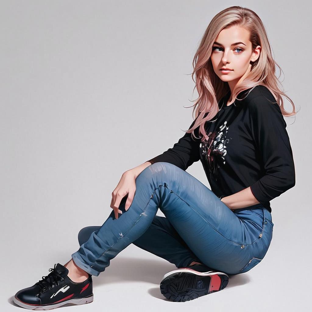Stylish woman with pink hair in graphic shirt and jeans Stylish woman with pink hair in graphic shirt and jeans