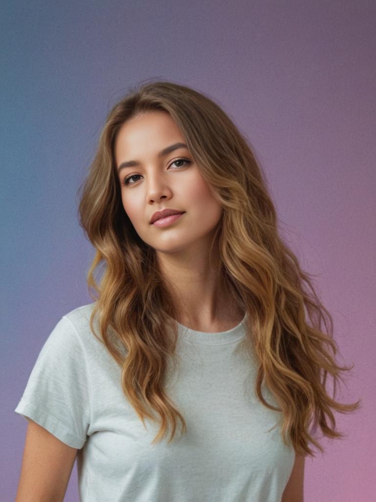 Young woman with wavy hair on purple background