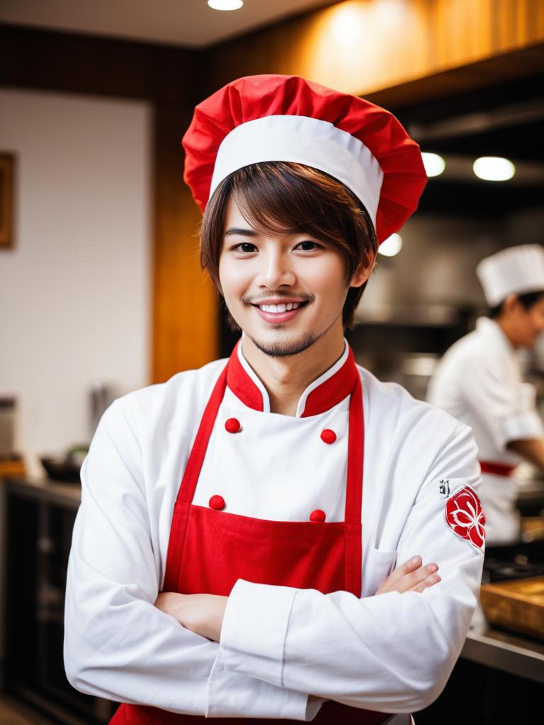 Young Male Chef in Red and White Uniform in Professional Kitchen