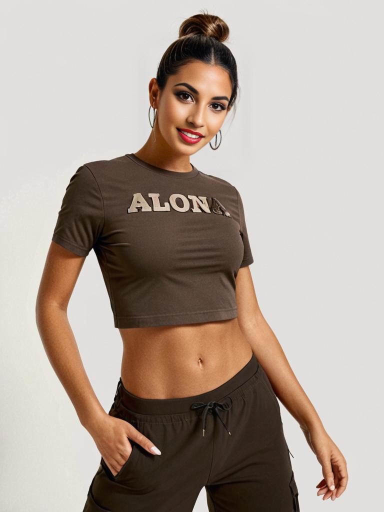 Stylish Woman in 'ALONE' T-Shirt and High-Waisted Pants