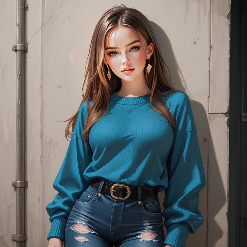 Stylish Young Woman in Teal Sweater and Distressed Jeans Digital Illustration