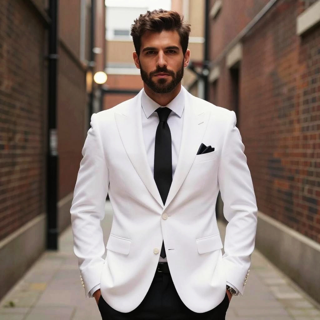 Stylish Young Man in White Suit with Black Tie Urban Fashion