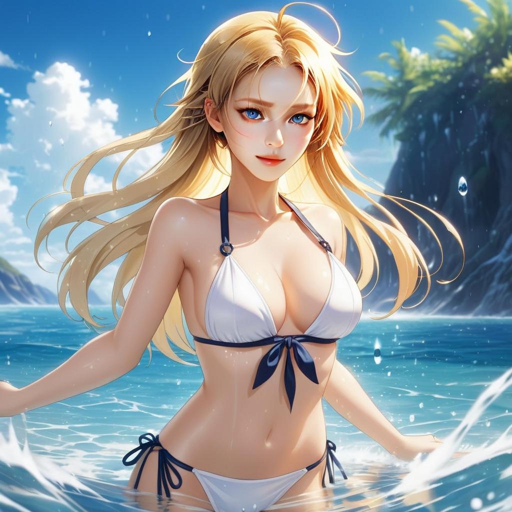 Blonde Anime Woman in White Bikini at Ocean Beach