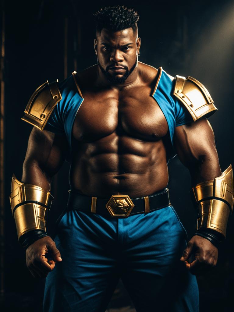Muscular Man in Realistic Abobo Cosplay Costume with Gold Armor