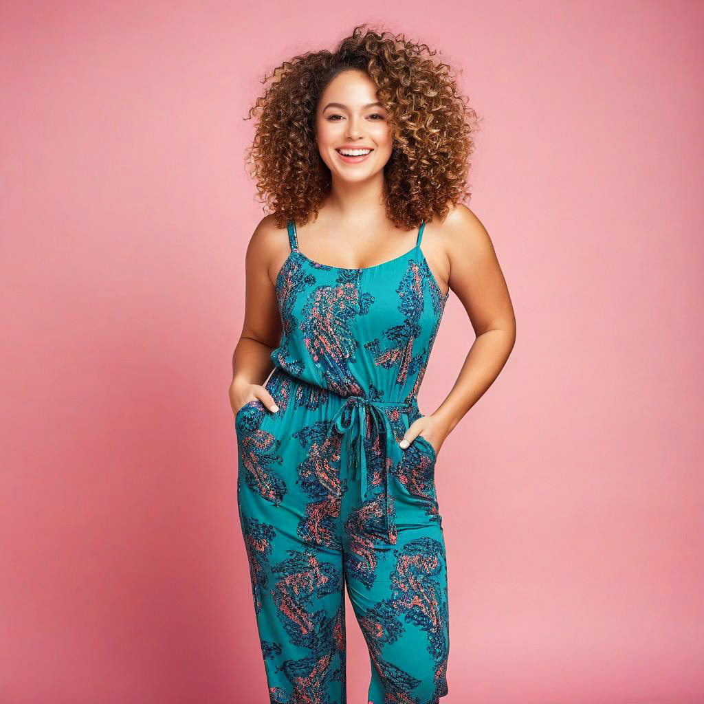 Cheerful Woman in Teal Jumpsuit Against Pink Background