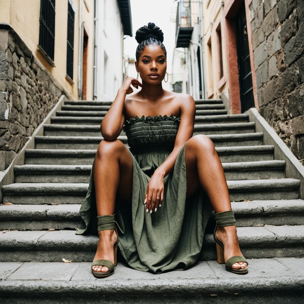 Confident Woman in Olive Green Dress Sitting on Urban Stone Staircase