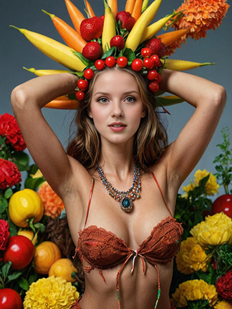 Woman with Colorful Fruit Headdress