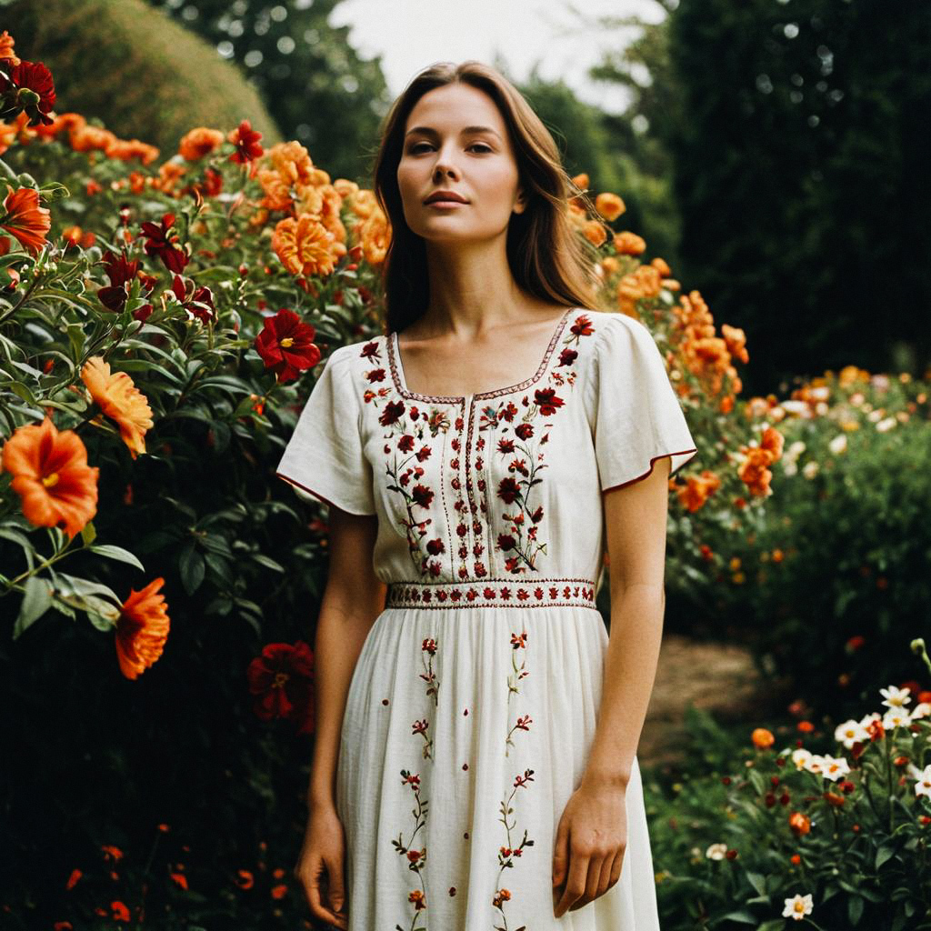 Woman in White Dress in Lush Garden