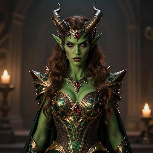 Fantasy Woman in Elaborate Horned Armor with Green Skin and Red Gemstones
