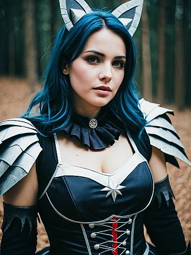 Woman in Fantasy Armor Cosplay with Blue Hair in Forest Editorial