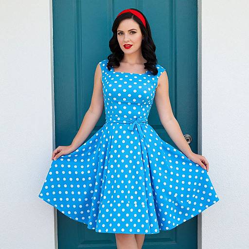 Vintage 1950s Blue Polka Dot Dress with Red Headband Woman