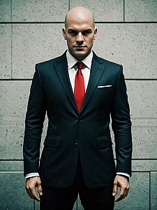 Man Cosplay Agent 47 Costume Realistic Photo in Pinstripe Suit