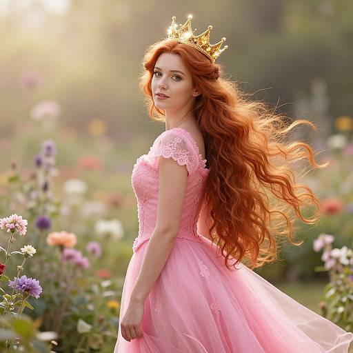 Red-Haired Woman in Pink Gown and Crown in Flower Garden