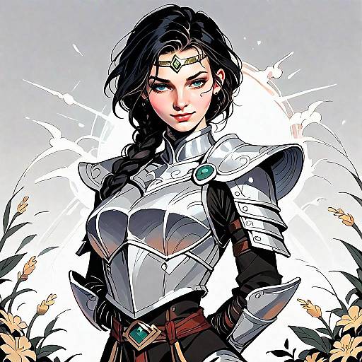 Digital Illustration of Woman Warrior in Silver Armor with Green Gemstones