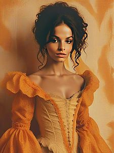 Woman in Vintage Orange Dress with Curly Hair